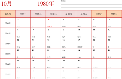 日历表1980年